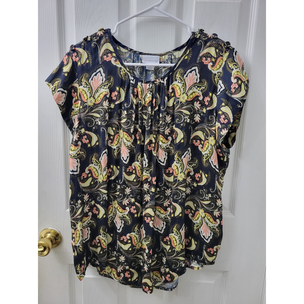 Liz Claiborne Womens XL Paisley Blouse Navy Blue Yellow Floral Short Sleeve Top
